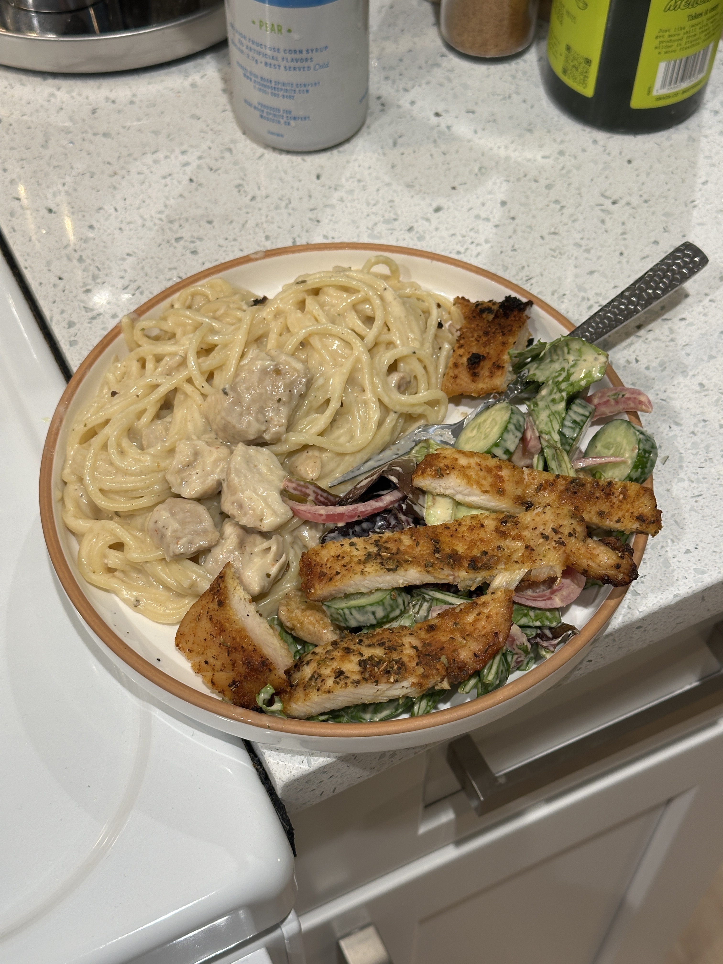 Leftover chicken alfredo with fresh spaghetti and chicken (+ salad)