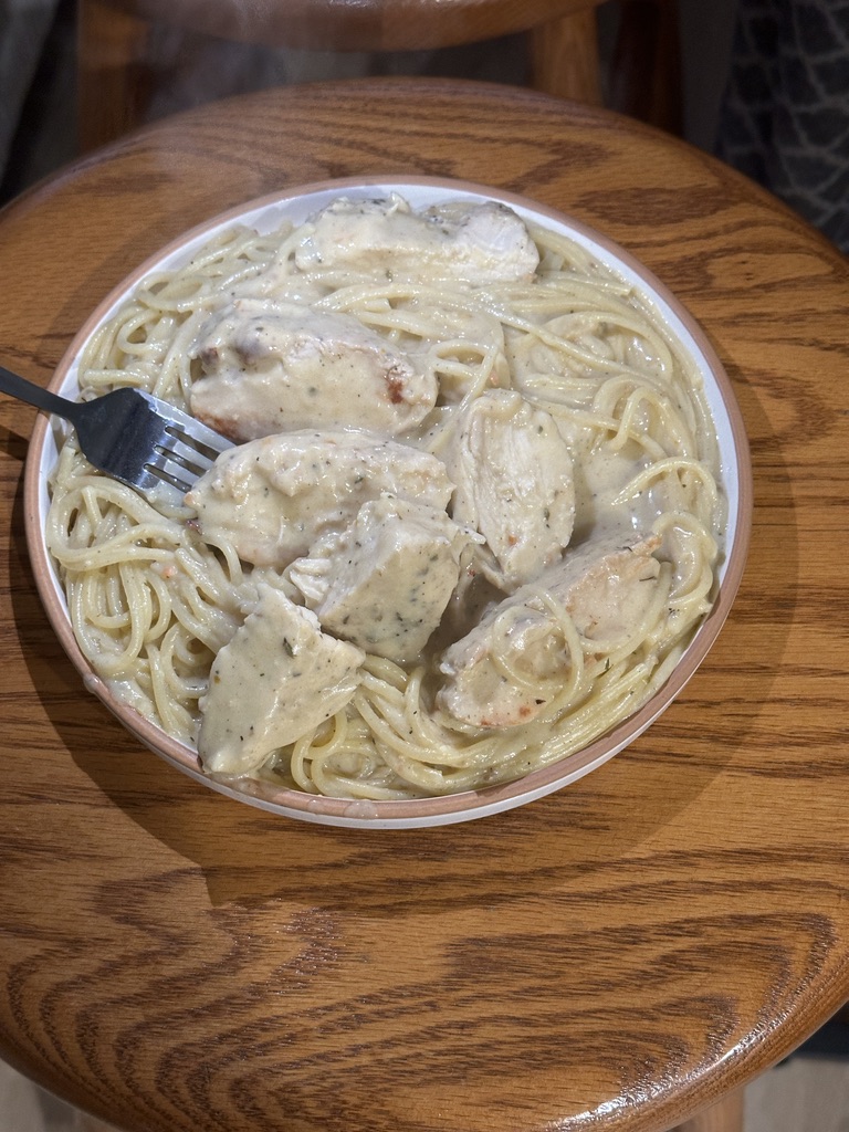 Grilled chicken spaghetti with Mom's leftover chicken alfredo sauce